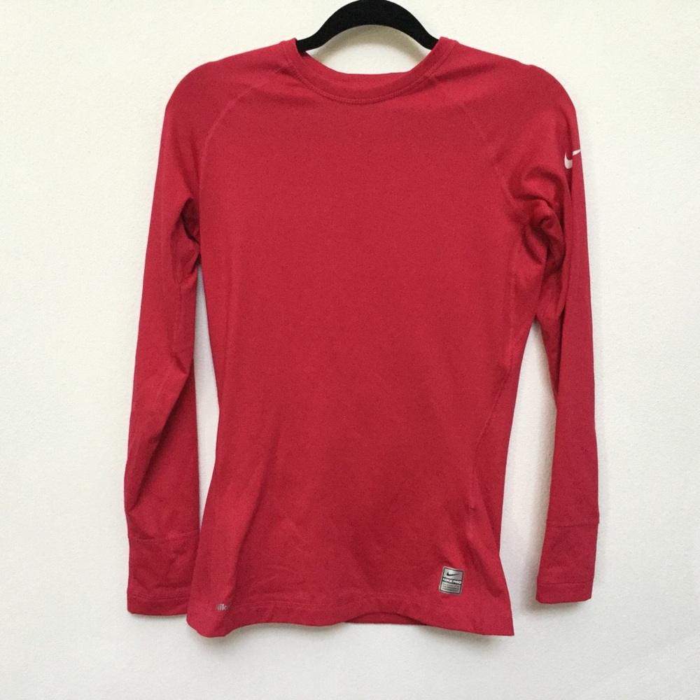 NikeFIT Nike Pro Red Long Sleeve Fleece Lined Warm Shirt Size Medium Running